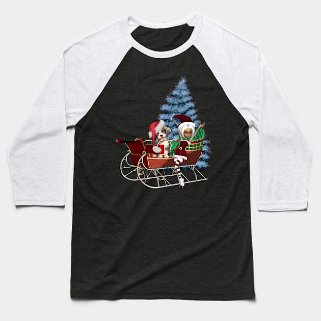 Cute christmas puppy and elf in the moonlight Baseball T-Shirt by Nicky2342